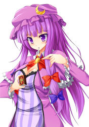 Rule 34 | 1girl, absurdly long hair, blue bow, blush, bow, breasts, cigarette, cleavage, cookie (touhou), crescent, hair bow, highres, large breasts, long hair, long sleeves, looking away, matchbox, matches, parted lips, patchouli knowledge, purple eyes, purple hair, red bow, solo, szk, taisa (cookie), touhou, very long hair
