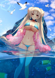 Rule 34 | 1girl, azur lane, bikini, bird, blue bikini, blue sky, blush, braid, breasts, chan&#039;nu, choker, cleavage, cloud, day, double bun, fish, formidable (azur lane), formidable (the lady of the beach) (azur lane), gradient sky, hair bun, in water, large breasts, long hair, looking at viewer, navel, partially submerged, partially underwater shot, red eyes, sky, swimsuit, thigh strap, underwater, very long hair, wading
