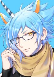 Rule 34 | 1boy, animal ears, black sweater, blue background, blue hair, brown scarf, closed mouth, expressionless, extra ears, facing viewer, glasses, hair over one eye, horns, horse ears, light blue hair, looking to the side, male focus, mel6969, orange eyes, scarf, show by rock!!, single horn, solo, sweater, titan (show by rock!!), turtleneck, turtleneck sweater, unicorn boy