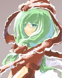 Rule 34 | 1girl, bright pupils, closed mouth, front ponytail, green eyes, green hair, grey background, hair ribbon, highres, kagiyama hina, looking at viewer, one-hour drawing challenge, red ribbon, ribbon, short sleeves, simple background, smile, solo, touhou, upper body, white pupils, yamasina009