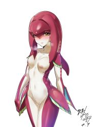 Rule 34 | 1girl, :d, bad id, bad twitter id, blush, breasts, collarbone, fins, fish girl, heavy breathing, highres, inverted nipples, kagiyama (clave), lips, looking at viewer, mipha, navel, nintendo, nipples, open mouth, parted lips, pink lips, pussy, pussy juice, simple background, smile, solo, sweat, the legend of zelda, the legend of zelda: breath of the wild, white background, yellow eyes, zora