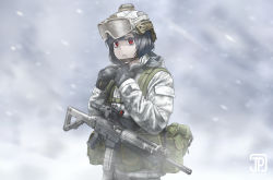 Rule 34 | 1girl, assault rifle, black gloves, black hair, camouflage, camouflage jacket, gloves, goggles, goggles on head, gun, helmet, hood, hood down, hooded jacket, jacket, jpc, load bearing vest, long sleeves, military operator, original, red eyes, rifle, scope, short hair, sig sauer, sig sauer 556, snowing, solo, tactical clothes, weapon