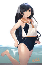 Rule 34 | 1girl, bare legs, barefoot, black eyes, black hair, black one-piece swimsuit, collarbone, fuwafuwatoufu, headgear, highres, i-400 (kancolle), kantai collection, long hair, one-hour drawing challenge, one-piece swimsuit, orange sailor collar, parted lips, sailor collar, sailor shirt, shirt, sleeveless, sleeveless shirt, solo, swimsuit, swimsuit under clothes, twitter username, white shirt