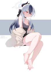 Rule 34 | 1girl, absurdres, barefoot, black hair, blue archive, feet, highres, kayoko (blue archive), kayoko (dress) (blue archive), light blush, long hair, looking at viewer, multicolored hair, red eyes, soles, toes, two-tone hair, white hair, yun kuo