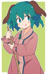 Rule 34 | 1girl, animal ears, bamboo broom, border, broom, brown dress, dog ears, dress, green background, green eyes, green hair, highres, holding, holding broom, ini (inunabe00), kasodani kyouko, long sleeves, looking at viewer, open mouth, short hair, simple background, solo, standing, touhou, white border
