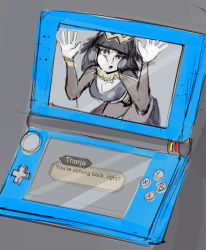 Rule 34 | 1girl, against fourth wall, against glass, bent over, black hair, blunt bangs, bracelet, breasts, cheek press, cheek squash, cleavage, english text, artistic error, fire emblem, fire emblem awakening, handheld game console, highres, jewelry, long hair, looking at viewer, nintendo, nintendo 3ds, nuvalewa, solo, tharja (fire emblem), tiara