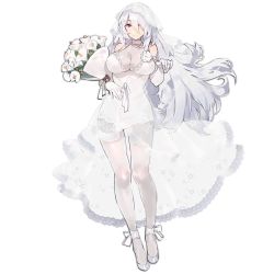 Rule 34 | 1girl, bear hair ornament, bouquet, breasts, bridal veil, cala lily, dress, flower, full body, girls&#039; frontline, gloves, hair ornament, kishiyo, large breasts, long hair, looking at viewer, official alternate costume, official art, personification, pk (girls&#039; frontline), red eyes, silver hair, solo, transparent background, veil, wedding dress, white flower, white gloves, white legwear