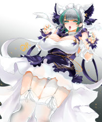 Rule 34 | 1girl, animal ears, azur lane, bare shoulders, breasts, cat ears, cheshire (azur lane), cleavage, detached sleeves, dress, ear piercing, fake animal ears, frilled dress, frills, from below, garter straps, gradient background, green eyes, green hair, green nails, grey background, grey hair, highres, large breasts, long hair, maid headdress, multicolored hair, nail polish, open mouth, paw pose, piercing, puffy detached sleeves, puffy sleeves, qpqpqp117117, simple background, solo, streaked hair, thighhighs, two-tone hair, white dress, white thighhighs