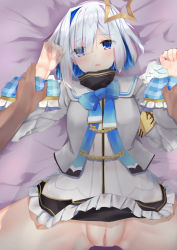 Rule 34 | amane kanata, angel wings, armband, blush, bob cut, censored, clothes lift, colored inner hair, commentary request, grey hair, hair ornament, halo, highres, holding hands, hololive, long sleeves, looking at viewer, lying, miniskirt, mosaic censoring, multicolored hair, no panties, on back, open mouth, pov, purple eyes, pussy, ribbon, school uniform, short hair, single hair intake, skirt, skirt lift, solo focus, spread legs, star halo, tikuwazyousyou, virtual youtuber, wings