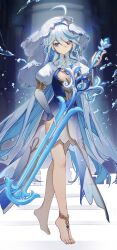 Rule 34 | 1girl, absurdres, ahoge, anklet, barefoot, blue dress, blue eyes, blue hair, blue theme, blurry, blurry background, collared shrug, dress, expressionless, eyes visible through hair, from side, full body, furina (genshin impact), genshin impact, greatsword, hair between eyes, hair intakes, hand on weapon, highres, holding, holding sword, holding weapon, hydrokinesis, jewelry, juliet sleeves, kotatsu kaya, lace-trimmed veil, lace trim, long hair, long sleeves, looking to the side, multicolored hair, puffy sleeves, shrug (clothing), sleeves past wrists, solo, streaked hair, sword, toe ring, two-tone hair, veil, walking, water, weapon, white hair, white shrug, white veil