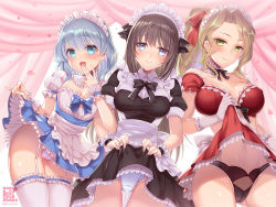 Rule 34 | 3girls, bare shoulders, blonde hair, blue eyes, blue hair, blush, breasts, brown hair, cameltoe, choker, detached sleeves, dress, garter straps, gloves, green eyes, large breasts, lifted by self, long hair, looking at viewer, maid, maid headdress, multiple girls, navel, open mouth, original, panties, ponytail, sanom, short sleeves, smile, take your pick, thighhighs, underwear, wavy hair, wrist cuffs