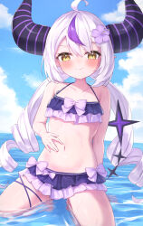 Rule 34 | 1girl, ahoge, bare arms, bare shoulders, bikini, blue sky, blush, bow, breasts, brown eyes, closed mouth, cloud, collarbone, commentary request, day, demon horns, flower, grey hair, hair between eyes, hair flower, hair ornament, hand on own stomach, highres, hololive, horizon, horns, kneeling, la+ darknesss, low twintails, masaki (msk064), multicolored hair, ocean, outdoors, pointy ears, purple bikini, purple bow, purple flower, purple hair, sky, small breasts, solo, streaked hair, swimsuit, twintails, virtual youtuber, water, wet