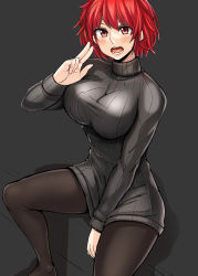Rule 34 | 1girl, alternate costume, ayakumo, between legs, black background, black pantyhose, blush, breasts, dress, female focus, hand between legs, hand up, highres, horikawa raiko, huge breasts, long sleeves, looking at viewer, open mouth, pantyhose, red eyes, red hair, ribbed sweater, shirt, short hair, simple background, sitting, solo, sweater, sweater dress, taut clothes, taut shirt, teeth, thighs, touhou, turtleneck
