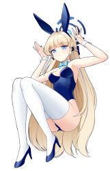 Rule 34 | 1girl, animal ears, aqua bow, aqua bowtie, armpits, ass, blonde hair, blue archive, blue bow, blue bowtie, blue eyes, blue footwear, blue halo, blue leotard, bow, bowtie, breasts, detached collar, earpiece, earrings, fake animal ears, gooak, halo, high heels, highleg, highleg leotard, highres, jewelry, leotard, long hair, official alternate costume, playboy bunny, rabbit ears, simple background, small breasts, strapless, strapless leotard, thighhighs, toki (blue archive), toki (bunny) (blue archive), white thighhighs, white wrist cuffs, wrist cuffs