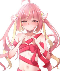 1girl absurdres ahoge akai_watame blonde_hair blush bow closed_mouth commentary_request flat_chest hair_ornament half-closed_eyes heart heart_hands highres hira_hikari long_hair looking_at_viewer naked_ribbon nanashi_inc. navel nose_blush orange_eyes pink_hair red_bow ribbon simple_background smile solo star_(symbol) star_hair_ornament twintails upper_body virtual_youtuber white_background