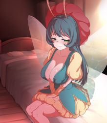 Rule 34 | 1girl, bed, bedroom, black hair, blush, breasts, clothes, elbow gloves, embarrassed, fairy, fairy wings, female focus, fingerless gloves, gloves, green eyes, highres, large breasts, long hair, looking at viewer, on bed, rachel (seiken densetsu), seiken densetsu, sitting, solo, wings