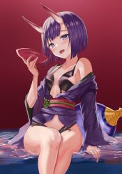 Rule 34 | 1girl, absurdres, bare shoulders, bob cut, breasts, collarbone, cup, eyeliner, fate/grand order, fate (series), gyuu, highres, horns, japanese clothes, kimono, long sleeves, looking at viewer, makeup, obi, off shoulder, oni, open mouth, purple eyes, purple hair, purple kimono, revealing clothes, sakazuki, sash, short hair, short kimono, shuten douji (fate), sitting, skin-covered horns, small breasts, smile, solo, wide sleeves