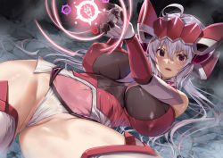 Rule 34 | 1girl, amasora taichi, bare shoulders, blush, breasts, covered erect nipples, covered navel, elbow gloves, gloves, hair ornament, headgear, large breasts, leotard, long hair, looking at viewer, lying, on back, parted lips, purple eyes, purple hair, red leotard, senki zesshou symphogear, solo, thighhighs, thighs, yukine chris