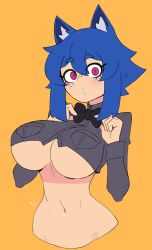 Rule 34 | 1girl, absurdres, animal ear fluff, animal ears, black bow, black bowtie, blue hair, bow, bowtie, breasts, cat ears, cat girl, collared shirt, cropped shirt, doce, female focus, freckles, grey shirt, highres, large breasts, looking at viewer, navel, original, parted lips, purple eyes, shirt, short hair, simple background, solo, underboob, upper body, xiao (docecaedrus), yellow background