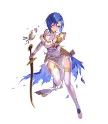 Rule 34 | 1girl, arm guards, armor, blue eyes, blue hair, boots, breastplate, catria (fire emblem), dress, elbow gloves, fire emblem, fire emblem: mystery of the emblem, fire emblem echoes: shadows of valentia, fire emblem heroes, full body, gloves, headband, highres, holding, holding sword, holding weapon, kakage, nintendo, short hair, shoulder pads, solo, sword, thigh boots, thighhighs, torn clothes, transparent background, weapon, white footwear