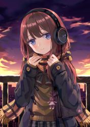 Rule 34 | 1girl, bad id, bad pixiv id, bag charm, black coat, blue eyes, blush, briefcase, brown hair, brown scarf, brown sweater, charm (object), closed mouth, cloud, coat, commentary, english commentary, fringe trim, grey skirt, hands up, head tilt, headphones, highres, long hair, open clothes, open coat, original, outdoors, plaid, plaid scarf, plaid skirt, pleated skirt, scarf, school briefcase, school uniform, seero, skirt, sky, sleeves past wrists, smile, solo, stuffed animal, stuffed rabbit, stuffed toy, sunset, sweater, upper body