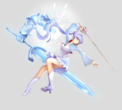 Rule 34 | 1girl, arm up, blue sleeves, blue theme, boots, dress, floating hair, full body, grey background, highres, kometukimushi, long hair, long sleeves, outstretched arm, rwby, short dress, shrug (clothing), silver hair, simple background, sleeveless, sleeveless dress, solo, strapless, strapless dress, very long hair, weiss schnee, white dress, white footwear