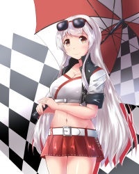 Rule 34 | 1girl, alternate costume, breasts, brown eyes, cleavage, commentary request, eyewear on head, highres, holding, jewelry, kantai collection, long hair, looking at viewer, navel, pleated skirt, ring, shoukaku (kancolle), skirt, smile, solo, sunglasses, umbrella, wedding band, white hair, yukimi unagi