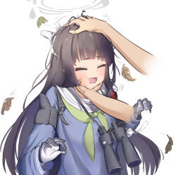 Rule 34 | 1girl, 1other, binoculars, black gloves, black hair, blue archive, blue shirt, blunt bangs, blunt ends, blush, closed eyes, commentary request, disembodied hand, falling leaves, gloves, green neckerchief, grey halo, halo, hands up, headpat, highres, leaf, long hair, long sleeves, miyu (blue archive), morishin546, neckerchief, open mouth, sailor collar, school uniform, serafuku, shirt, sidelocks, simple background, solo focus, squishing, upper body, very long hair, wavy mouth, white background, white sailor collar