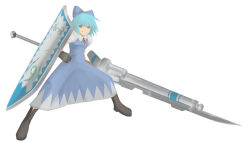 Rule 34 | 1girl, blue eyes, blue hair, boots, capcom, circled 9, cirno, dress, female focus, full body, gloves, gun, gunlance, matching hair/eyes, monster hunter (series), parody, polearm, ribbon, shield, simple background, solo, touhou, weapon, white background