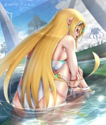 Rule 34 | 1girl, ass, bare shoulders, blonde hair, breasts, cleavage, cleavage cutout, clothing cutout, gonzarez, highres, large breasts, long hair, looking at viewer, mythra (radiant beach) (xenoblade), mythra (xenoblade), nintendo, one-piece swimsuit, solo, swept bangs, swimsuit, thigh strap, tiara, very long hair, water, xenoblade chronicles (series), xenoblade chronicles 2, yellow eyes