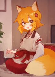 Rule 34 | 1girl, :d, animal ear fluff, animal ears, apron, blush, bow, brown apron, commentary request, fang, flat screen tv, flower, fox ears, fox girl, fox tail, hair between eyes, hair flower, hair ornament, hakama, hakama skirt, indoors, japanese clothes, kimono, kotatsu, lap pillow invitation, long sleeves, looking at viewer, open mouth, orange hair, red bow, red flower, red hakama, rimukoro, seiza, senko (sewayaki kitsune no senko-san), sewayaki kitsune no senko-san, sitting, skirt, smile, solo, table, tail, television, white kimono, wide sleeves