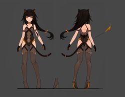 Rule 34 | 1girl, :&lt;, absurdres, animal ears, armlet, artist request, ass, barcode tattoo, bell, neck bell, black gloves, black hair, breasts, cat ears, cat tail, choker, commentary request, covered navel, dark skin, full body, gloves, grey background, hair bell, hair ornament, high heels, highres, jingle bell, kakumi maho (xipuria), leotard, long hair, low-tied long hair, multiple views, official art, orange eyes, simple background, sky diver xipuria, small breasts, standing, tail, tattoo, thighhighs
