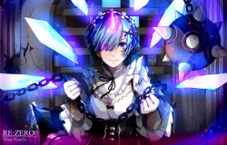 Rule 34 | 1girl, artist name, black ribbon, blue eyes, blue hair, bow, breasts, chain, cleavage, closed mouth, copyright name, detached collar, detached sleeves, flail, flower, fuumeh, hair flower, hair ornament, hair over one eye, hair ribbon, hairband, head wreath, holding, holding weapon, horns, long sleeves, looking at viewer, morning star, neck ribbon, pink ribbon, re:zero kara hajimeru isekai seikatsu, rem (re:zero), ribbon, short hair, single horn, small breasts, solo, upper body, watermark, weapon, white bow, white flower, white sleeves, x hair ornament