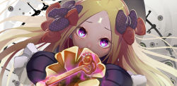 Rule 34 | 1girl, abigail williams (fate), black bow, black dress, black headwear, blonde hair, bow, dress, fate/grand order, fate (series), forehead, gajumaru09, grey background, hair bow, key, keyhole, long hair, long sleeves, looking at viewer, multiple hair bows, orange bow, outstretched arms, parted bangs, polka dot, polka dot bow, purple eyes, ribbed dress, slit pupils, solo