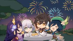 Rule 34 | 2boys, 2girls, antenna hair, blue hair, blunt bangs, braid, braided bangs, brown eyes, brown hair, capelet, chewing, chibi, chinese clothes, closed eyes, closed mouth, collared shirt, cookie, crumbs, cup, eating, fireworks, flower, food, food on face, friends, frilled sleeves, frills, from side, genshin impact, green capelet, green eyes, green hat, hair between eyes, hair ornament, hand up, hat, highres, holding, holding cookie, holding cup, holding food, japanese clothes, light smile, long hair, long sleeves, looking to the side, looking up, mole, mole under eye, multiple boys, multiple girls, nahida (genshin impact), night, night sky, official art, open mouth, outdoors, plate, ponytail, purple eyes, purple hair, raiden shogun, shirt, side ponytail, single braid, sitting, sky, table, teacup, tree, venti (genshin impact), white flower, white hair, zhongli (genshin impact)