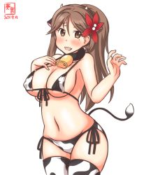 Rule 34 | 1girl, alternate costume, amagi (kancolle), animal ears, animal print, artist logo, bell, bikini, blush, breasts, brown eyes, brown hair, cow ears, cow girl, cow horns, cow print, cow tail, cowbell, dated, high ponytail, horns, kanon (kurogane knights), kantai collection, large breasts, long hair, mole, mole under eye, navel, neck bell, one-hour drawing challenge, open mouth, print bikini, print thighhighs, simple background, smile, solo, swimsuit, tail, thighhighs, white background, wide ponytail