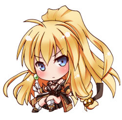 Rule 34 | 1girl, bell, blonde hair, blue eyes, blush, breasts, brown dress, brown sleeves, chibi, cleavage, closed mouth, commentary request, detached sleeves, dress, frown, full body, high ponytail, jingle bell, large breasts, long hair, looking at viewer, lowres, momozakura nanao, ragnarok online, sarah irene, simple background, socks, solo, strapless, strapless dress, v-shaped eyebrows, very long hair, white background, white socks