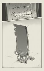 Rule 34 | 1other, 2koma, clenched hand, clenched teeth, closed eyes, comic, greyscale, highres, monochrome, no humans, original, squatting, standing, teeth, toothpaste, tyrone