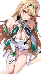 Rule 34 | 1girl, bare shoulders, blonde hair, breasts, chest jewel, cleavage, cleavage cutout, clothing cutout, cowboy shot, dress, drop earrings, earrings, gem, gloves, gluteal fold, headpiece, highres, jewelry, large breasts, long hair, looking at viewer, matrix16, microdress, mythra (xenoblade), panties, solo, swept bangs, thigh gap, thighs, tiara, underwear, very long hair, xenoblade chronicles (series), xenoblade chronicles 2, yellow eyes