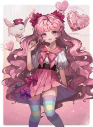 Rule 34 | 1girl, bird, blue bow, border, bow, cookie run, copyright name, crystal, curly hair, delivery, eyeshadow, fingernails, green nails, green thighhighs, hair bow, hat, heart, heart-shaped pupils, heart necklace, holding, holding letter, hyatsu, jewelry, letter, long hair, looking at viewer, love letter, makeup, multicolored clothes, multicolored legwear, multicolored skirt, nail polish, necklace, open mouth, pink bow, pink eyeshadow, pink hair, pink skirt, pink theme, puffy sleeves, purple bow, purple nails, purple skirt, purple thighhighs, red bow, red hat, red nails, school uniform, serafuku, skirt, smile, striped clothes, striped thighhighs, symbol-shaped pupils, teeth, thighhighs, two-tone skirt, uniform, upper teeth only, very long hair, white border, yellow thighhighs