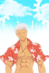 Rule 34 | 1boy, abs, archer (fate), artist name, bara, bare pectorals, biceps, clothes lift, cloud, cloudy sky, collared shirt, closed eyes, fate/grand order, fate/stay night, fate (series), floral print, gears, highres, jewelry, large pectorals, male focus, manly, mature male, muscular, muscular male, navel, necklace, nipples, open clothes, open shirt, pectorals, shirt, shirt lift, sky, smile, solo, spiked hair, summer, sword, tan, unlimited blade works (fate), upper body, weapon, white hair, zifu