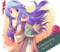 Rule 34 | 1girl, blue hair, breasts, cleavage, copyright name, dress, flower, hairband, heart, long hair, polka dot, polka dot background, purple eyes, purple rose, red rose, rocbouquet, rocbouquet (saga), romancing saga, romancing saga 2, rose, saga, smile, solo, wings, yuzuki (white snow)