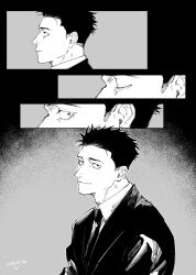 Rule 34 | 1boy, closed eyes, closed mouth, collared shirt, formal, g0z0in, greyscale, highres, higuruma hiromi, jacket, jujutsu kaisen, looking at viewer, male focus, monochrome, necktie, profile, shirt, short hair, sideways glance, smile, solo, suit, upper body