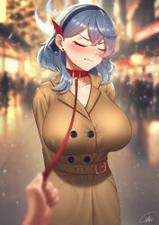 Rule 34 | ako (blue archive), arms behind back, black scarf, blue archive, blue eyes, blue hair, blurry, blurry background, blurry foreground, blush, box, breasts, brown coat, buttons, christmas, cipher4109, clenched teeth, closed eyes, coat, collar, crowd, double-breasted, gift, gift box, hair between eyes, halo, large breasts, leash, pet play, pov, pov hands, scarf, snowing, solo focus, teeth, trench coat, viewer holding leash
