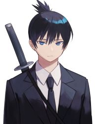 Rule 34 | 1boy, black hair, black necktie, blue eyes, chainsaw man, closed mouth, earrings, formal, grey background, hair between eyes, hayakawa aki, highres, jewelry, katana, looking at viewer, male focus, necktie, sheath, sheathed, shimizu tomoki, simple background, solo, suit, sword, upper body, weapon, weapon on back, white background