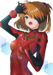 Rule 34 | 1girl, absurdres, alternate hair length, alternate hairstyle, blindfold, unworn blindfold, blue eyes, bodysuit, breasts, brown hair, evangelion: 3.0+1.0 thrice upon a time, hair between eyes, hand on own chest, head tilt, headgear, highres, looking at viewer, medium breasts, medium hair, neon genesis evangelion, open mouth, plugsuit, rebuild of evangelion, red bodysuit, sasasa r 23, simple background, solo, souryuu asuka langley