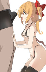 Rule 34 | 1boy, 1girl, bikini, black bikini, black thighhighs, blonde hair, breasts, bulge, cleavage, erection, erection under clothes, flandre scarlet, from side, highres, kamukamu (ars), looking at penis, medium breasts, medium hair, micro bikini, navel, one side up, open mouth, penis awe, pointy ears, red eyes, simple background, swimsuit, thighhighs, touhou, white background, wings