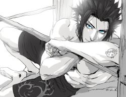 Rule 34 | 1boy, artist name, barefoot, black hair, black shorts, blue eyes, feet, final fantasy, final fantasy vii, final fantasy vii remake, looking at viewer, muscular, muscular male, shorts, signature, sitting, solo, spiked hair, spykeee, topless male, zack fair