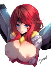 Rule 34 | 1girl, alternate costume, blue eyes, blush, breast hold, breasts, breasts out, butaros, gun goddess miss fortune, highres, large breasts, league of legends, long hair, miss fortune (league of legends), nipples, open mouth, red hair, simple background, sweat, tagme, white background