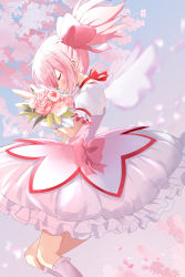 Rule 34 | 1girl, blurry, blurry background, bouquet, bow, branch, bubble skirt, cherry blossoms, choker, closed eyes, closed mouth, eyelashes, feet out of frame, floating hair, flower, frilled skirt, frilled sleeves, frilled socks, frills, from side, gradient background, hair ribbon, happy, head down, highres, kaname madoka, leaf, legs together, blue background, light smile, mahou shoujo madoka magica, mahou shoujo madoka magica (anime), petals, pink background, pink bow, pink flower, pink hair, pink rose, pink theme, profile, puffy short sleeves, puffy sleeves, red choker, red ribbon, ribbon, ribbon choker, rikopin, rose, short sleeves, short twintails, silhouette, simple background, skirt, socks, solo, twintails, waist bow, white flower, white rose, white skirt, white socks, white wings, wings